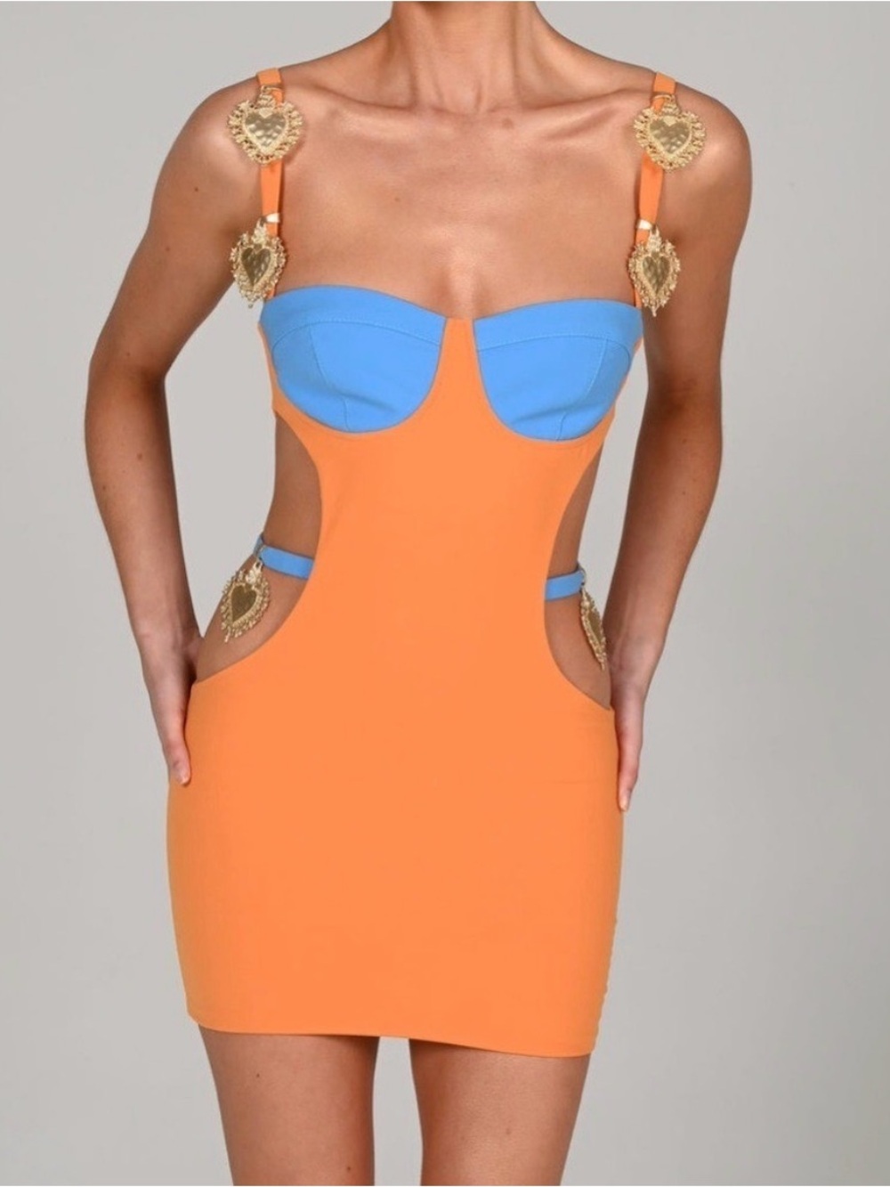Bold Orange Mini Dress with Blue Bust and Gold Heart Accents